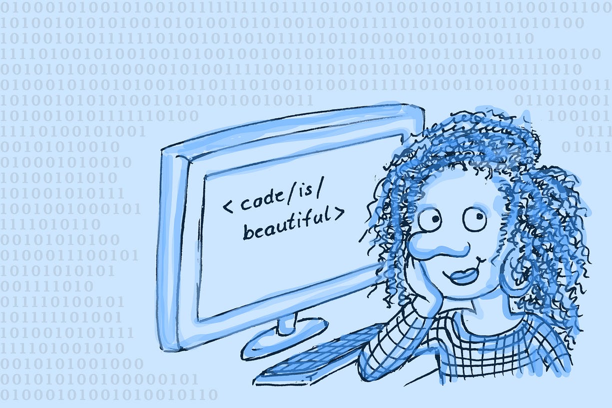 Woman sitting in front of computer screen which shows the words “code is beautiful”