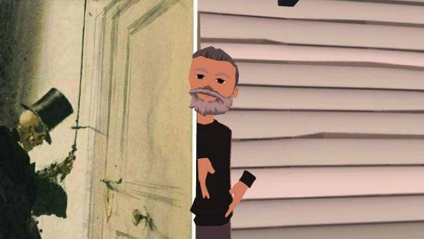 Death at the door in a painting; the author peeking out to se who is there