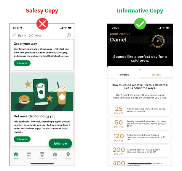 A comparison between Peet’s and Starbucks copy about rewards. One is descriptive/informative, while the other is salesy.