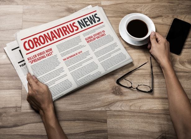 Mockup of Coronavirus Newspaper, News related of the COVID-19 with the the headline in paper media press, pandemic stress, digital detox