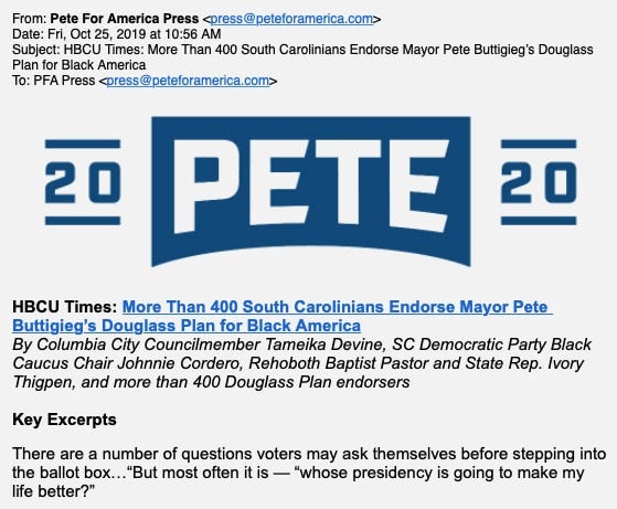 The press release showing supposed support for Buttigieg’s “Douglas Plan for Black America”.