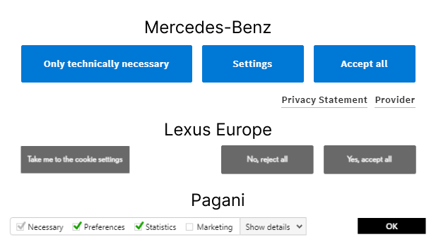Call to action solutions of Mercedes, Lexus Europe, Pagani as the fairest.