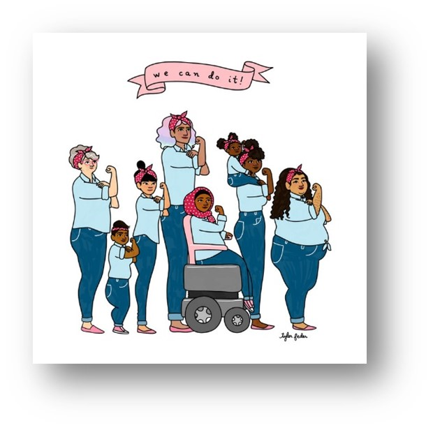 DEI Rosie the Riveter: Illustration by Tyler Feder, 2018 — from the Northern Integrated Family Violence Services Partnership website