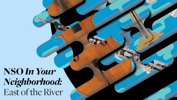 The In Your Neighborhood logo, an abstract cello, oboe, and trumpet appear in puzzle pieces over a blue background.