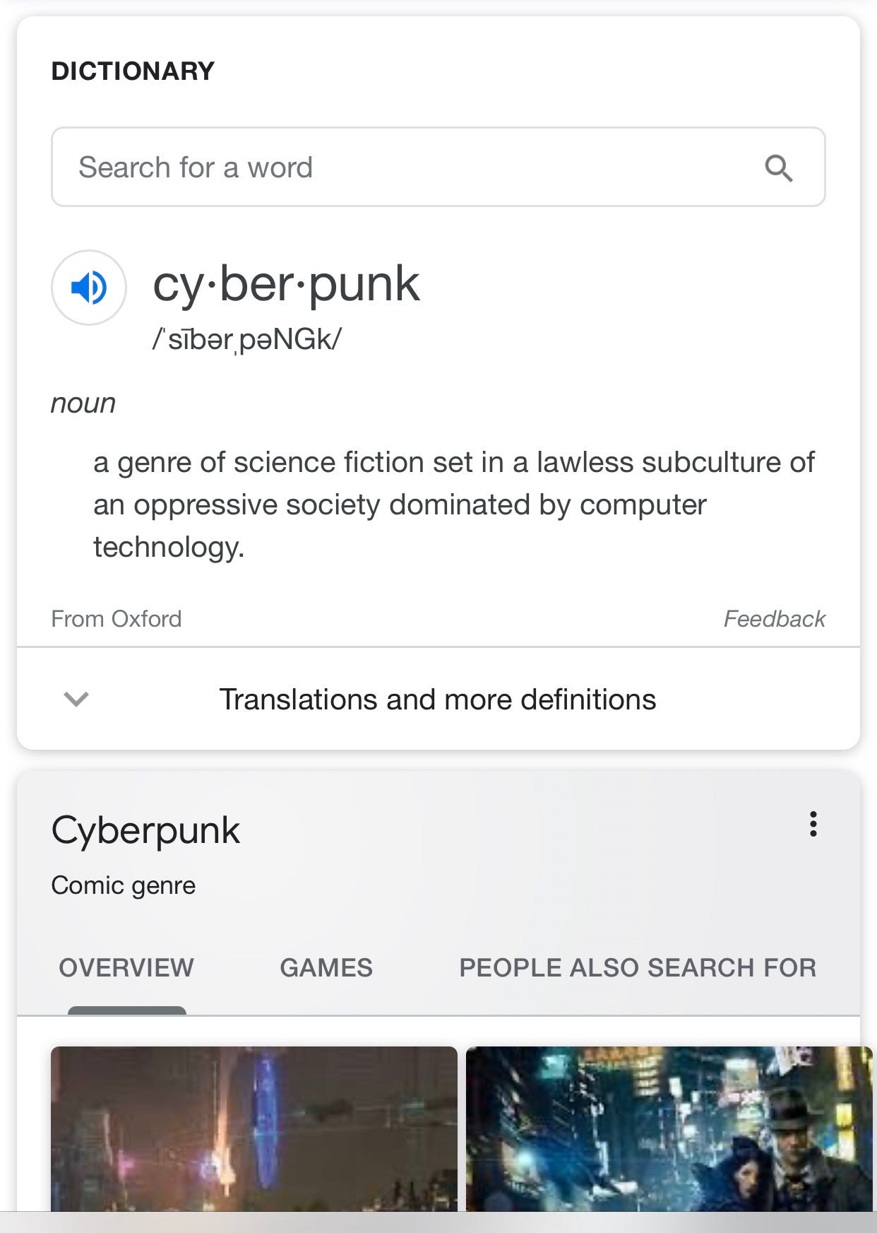 Google definition for the word cyberpunk