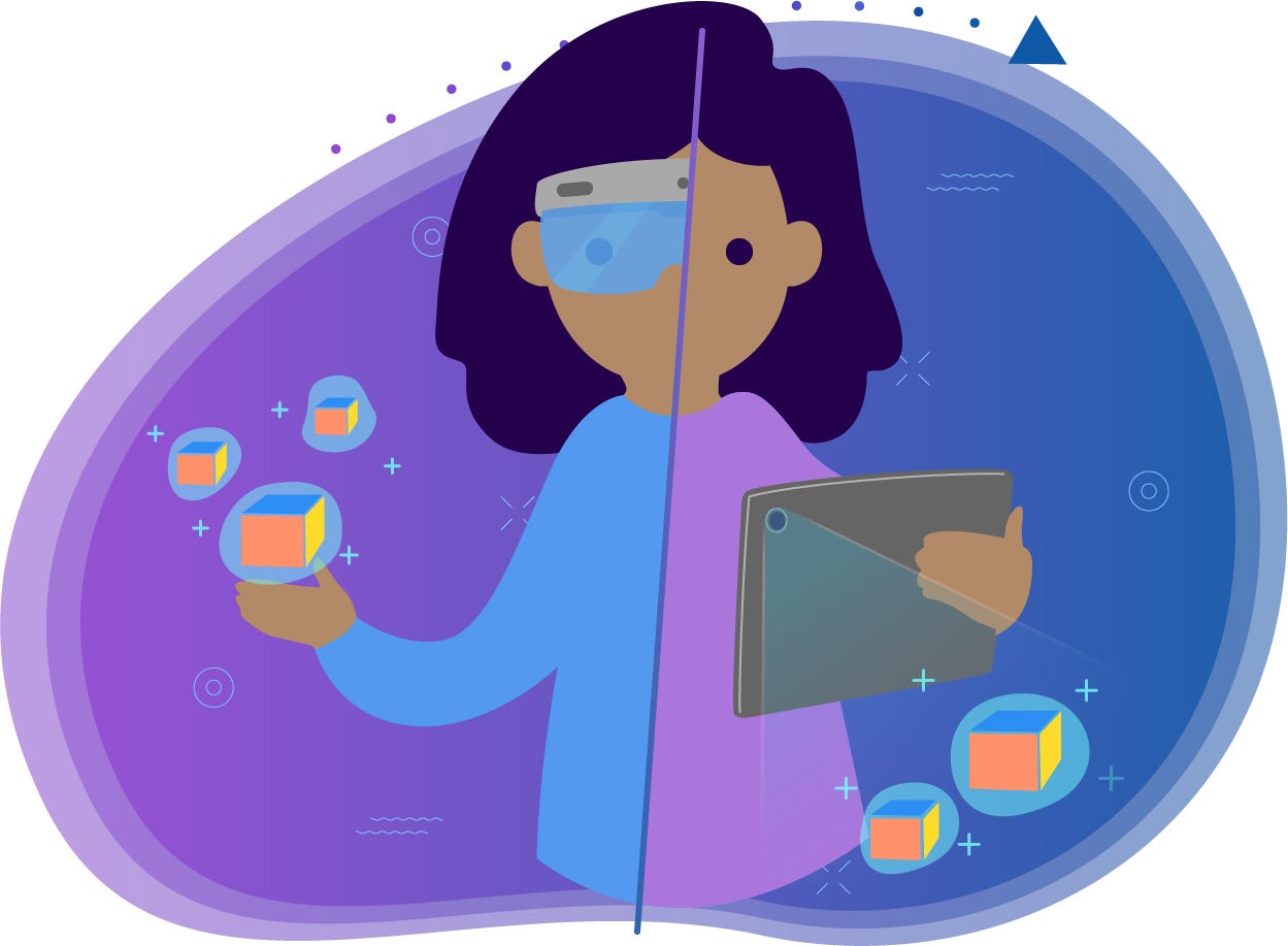 Illustration showing a person using both a headset and a tablet for AR.
