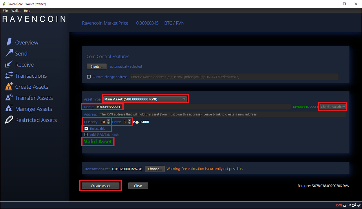 Creando un activo principal de Ravencoin.