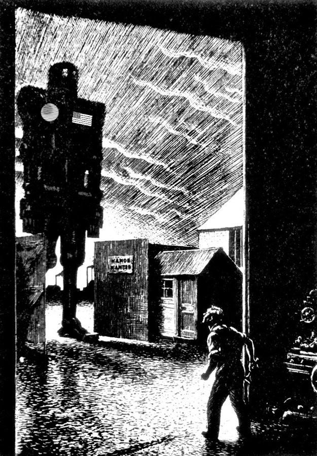 A black and white drawing depicting a mechanic crouched in a workshop doorway, clutching a wrench, confronting a giant, menacing robot with an American flag over one side of its chest and an old AT&T ‘Death Star’ logo over the other. Image: Leslie Illingworth/Punch Magazine, ca 1955 (modified)