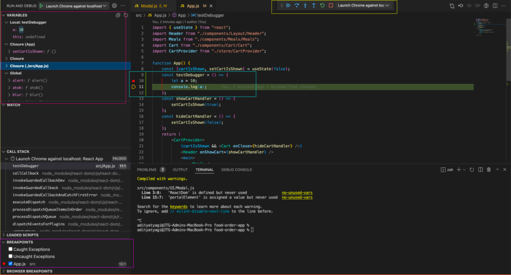 VSCode Debugger in action