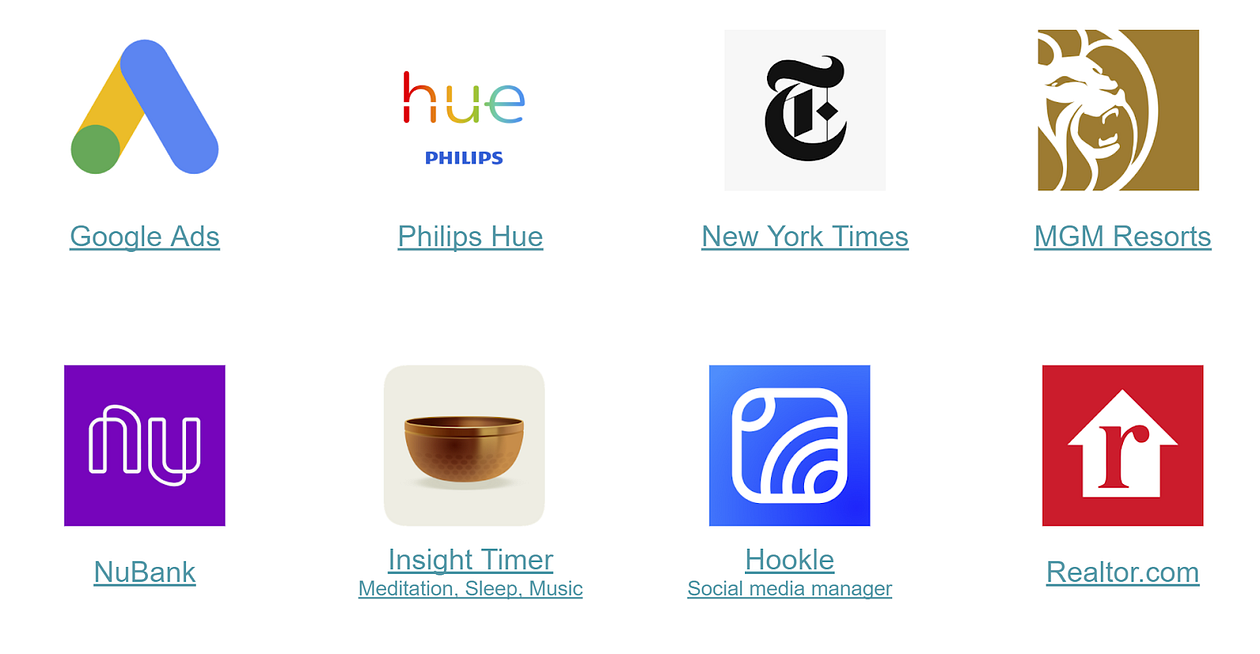 Une liste d’applications, tel que Google Ads, Hue, New York Times, MGM resorts, NuBank, Insight Timer, Hookle, Realtor.com