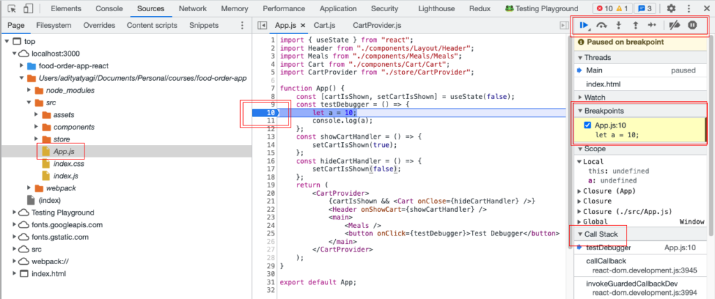 Debugger in Chrome Dev Tools to debug React app