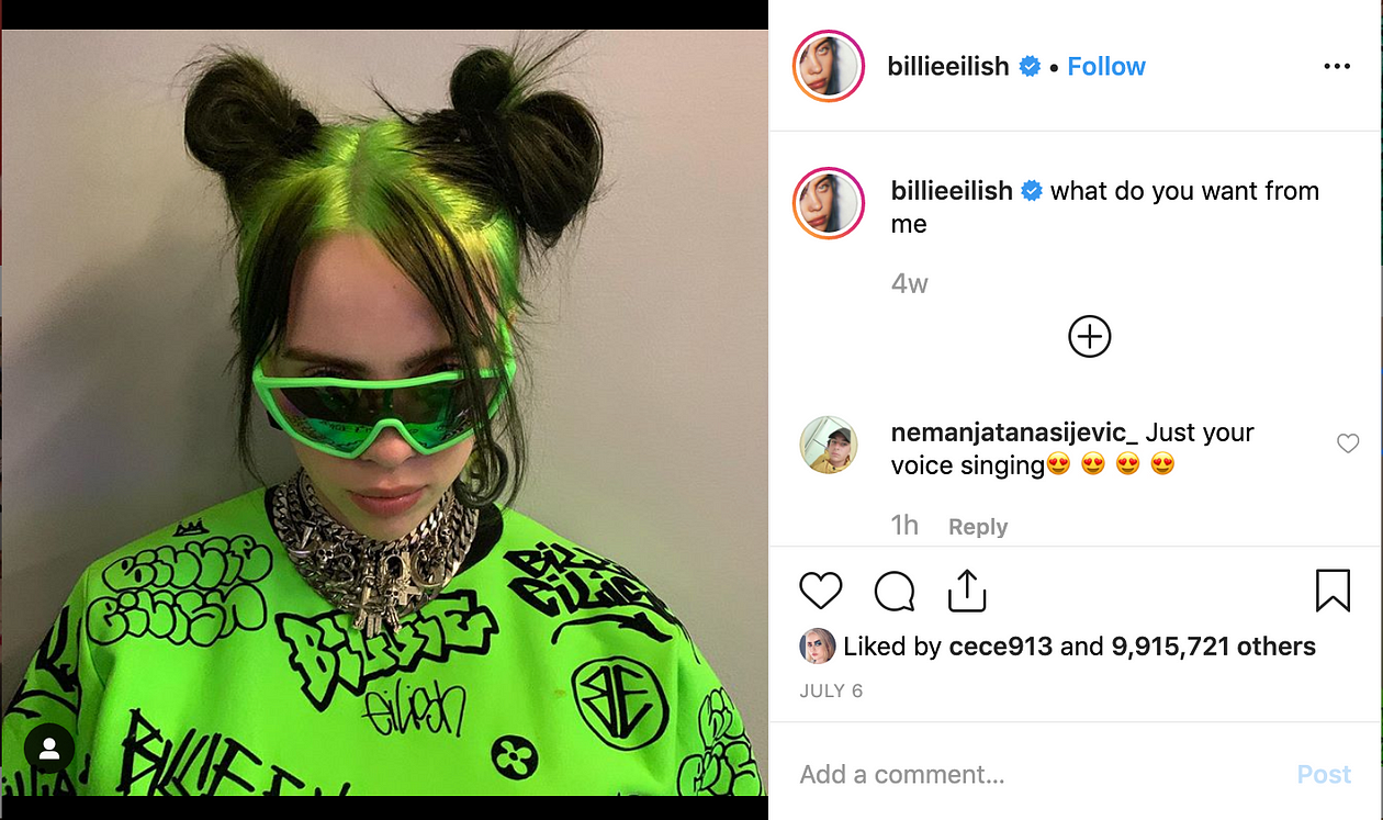 Billie Eilish's second Instagram post of top 10