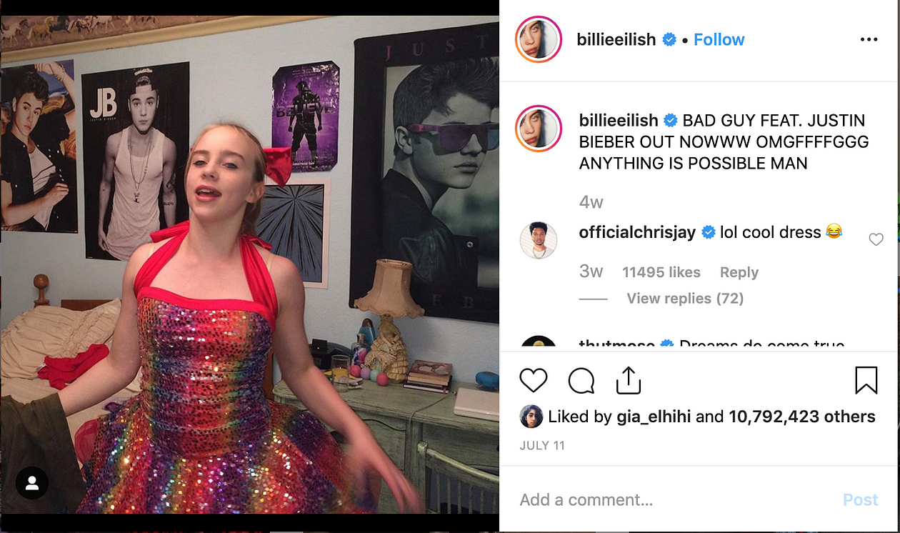 Billie Eilish's most-liked Instagram post in 2019 July