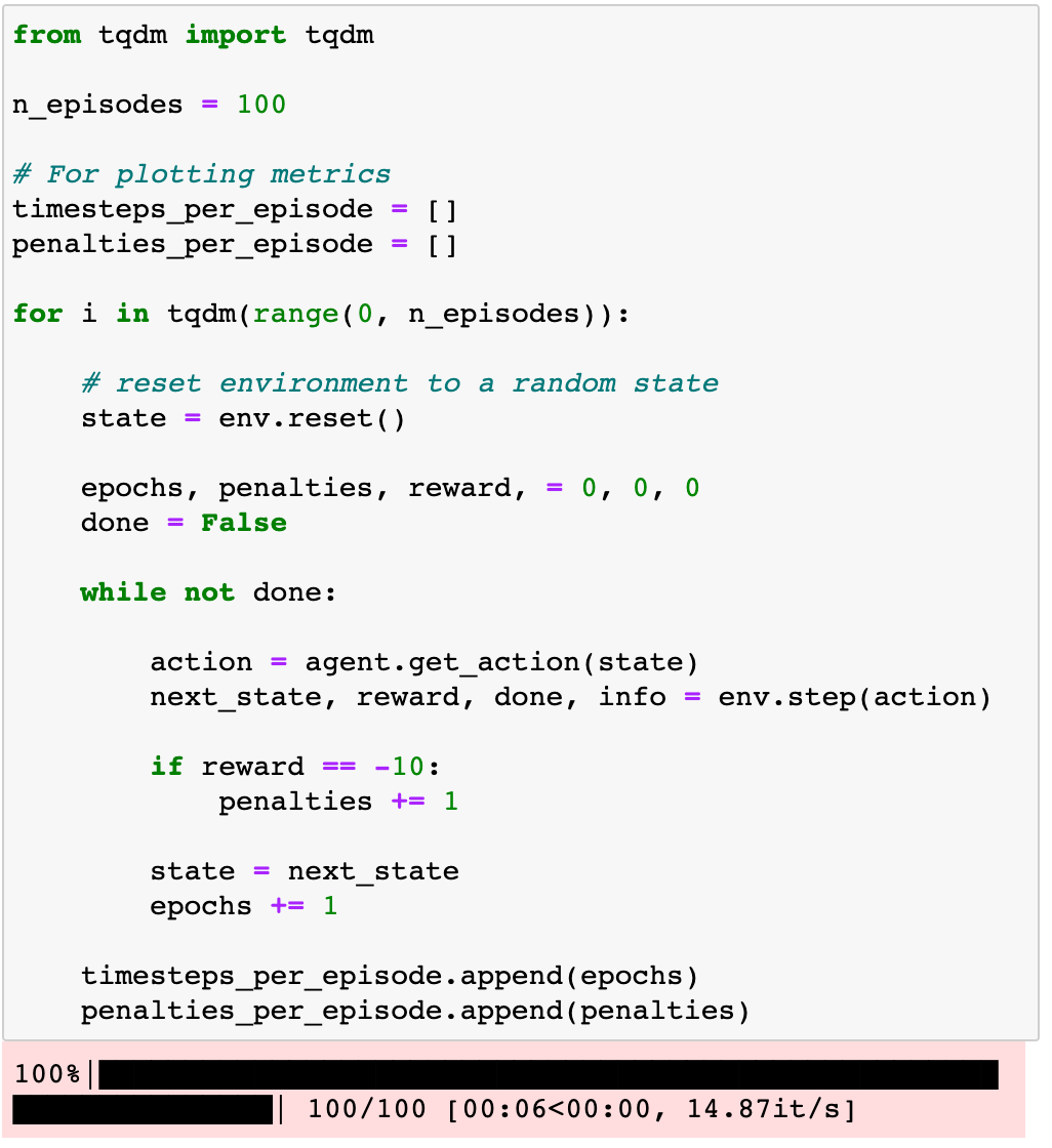 100 runs of evaluation of the random agent— hands-on reinforcement learning course by Pau Labarta Bajo