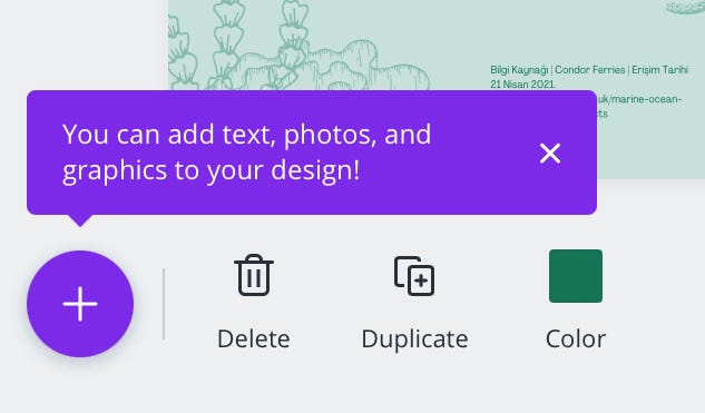 A tool tip bubble pops up from a “plus” button saying, “You can add text, photos, and graphics to your design!”