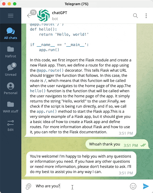 Image showing how you can talk with a ChatGPT bot using telegram.