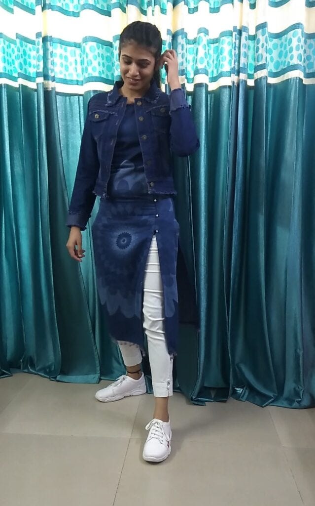 white kurti with jeans jacket
