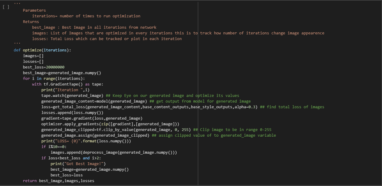 Optimizing Loss and generating images