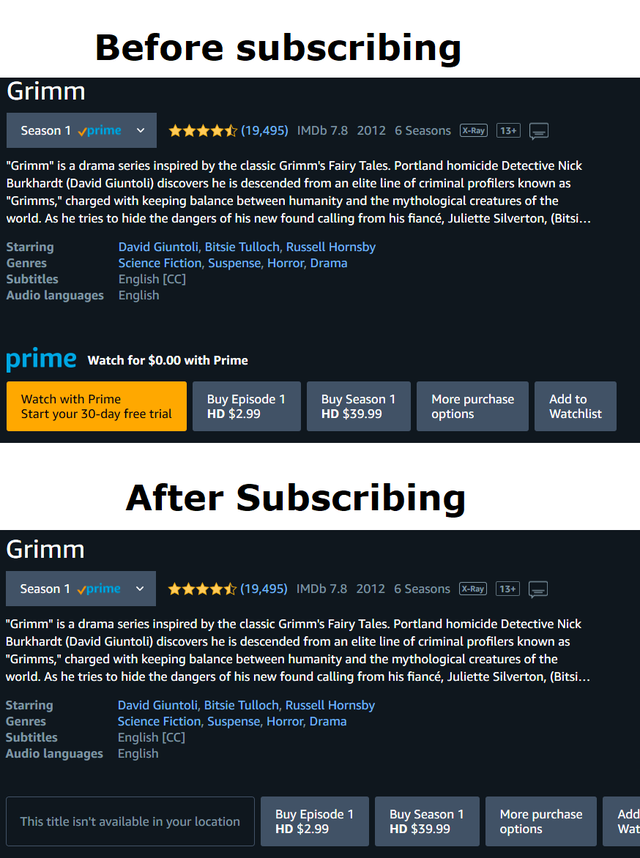 A screenshot of Amazon Prime showing that a show is no longer avaliable only after signing up for a subscription.