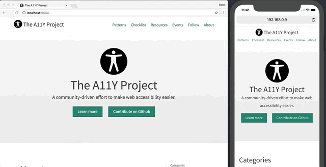 Animated GIF of a Google Chrome browser beside the Apple iPhone Simulator. The animation displays both windows scrolling and linking through the local copy of The A11Y Project website in real-time.