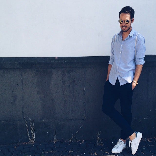 navy chinos light blue shirt