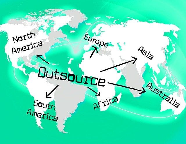 A global map with the word outsource pointing to North America, Europe, Asia, and other continents.