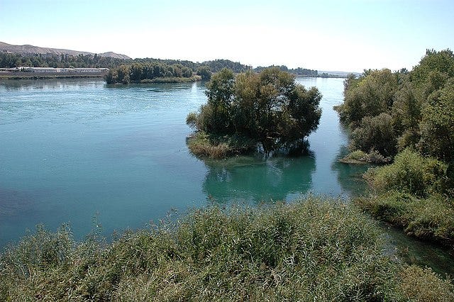 The bridge across the Euphrates provides a good observation platform for the river itself. This is the river seen from the west, one sees the southern part of the river. Source: Dosseman