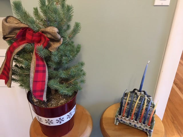 Our mini-tree and menorah peacefully co-exisiting