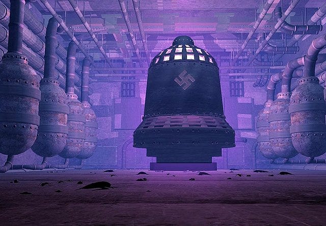 A painting of the “nazi bell”: a rumored bell-shaped device with nebulous properties. It is large, dark, with a glowing top, and sits in an ominous looking factory facility.