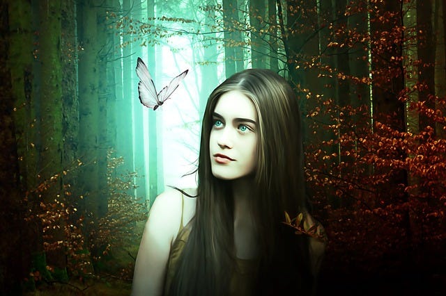 Young woman, green eyes, long dark hair, in a wooded area, glow of light behind her gazes at a pale butterfly