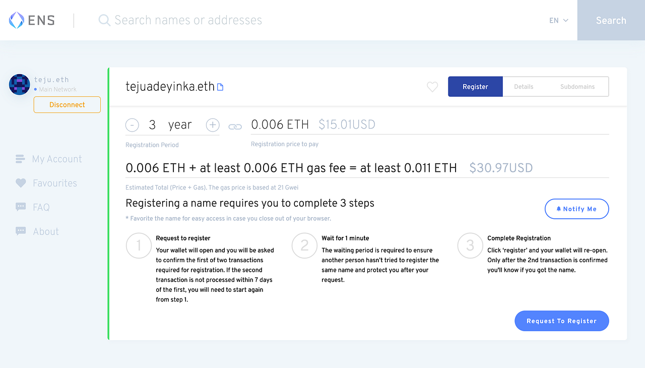 How to register an ENS name for your wallet address by Teju Adeyinka