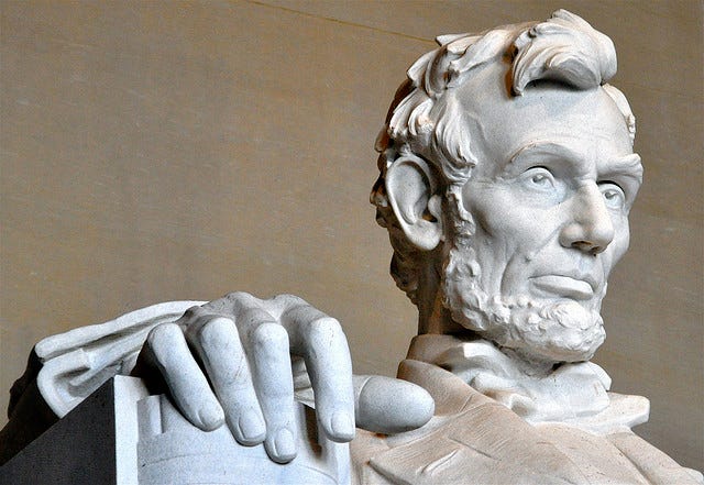 Close up of statue of Abraham Lincoln's face at the Lincoln Memorial, Washington, D.C. 