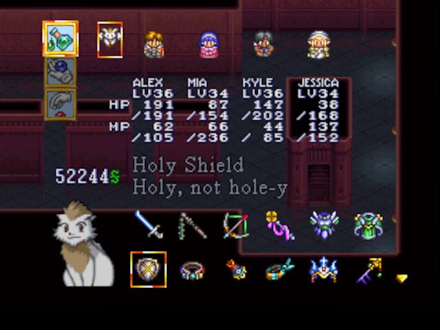 A screenshot from Lunar: Silver Star Story Complete showing the party menu, with a humorous item description for the Holy Shield that reads: “Holy, not hole-y”