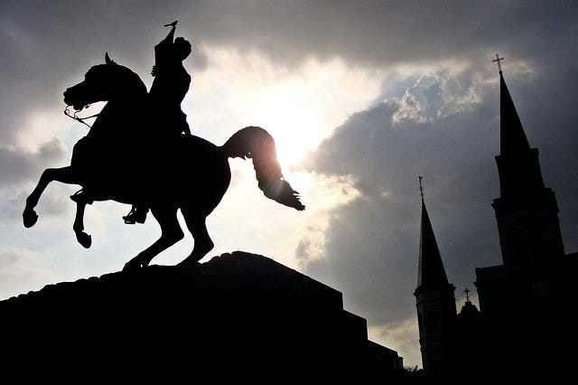 Silhouette of a statue of Andrew Jackson in Jackson Park