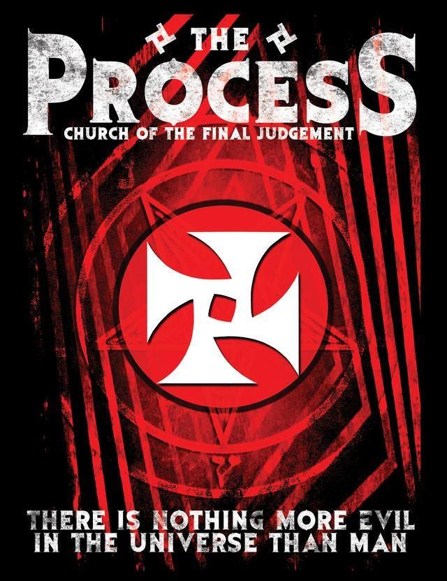 A red, black, and white image for the ‘Process Church of the Final Judgment’ that claims ‘there is nothing more evil in the universe than man’. In the middle is a partially obscured pentagram, and on top of it is a large white distorted cross that looks just a little like a swastika.