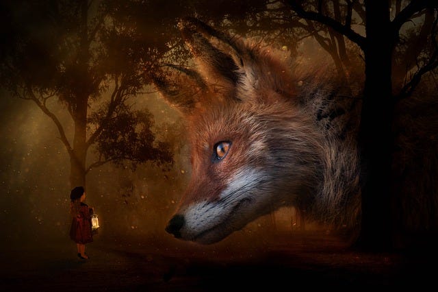 Fox in a magical forest studies a woman holding a light