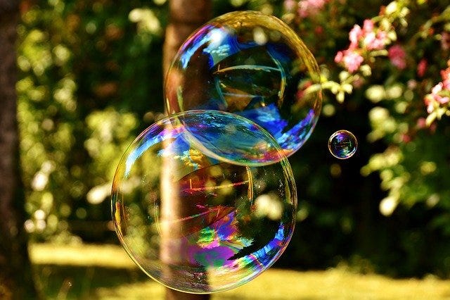 image is of two giant bubbles floated across a green space.