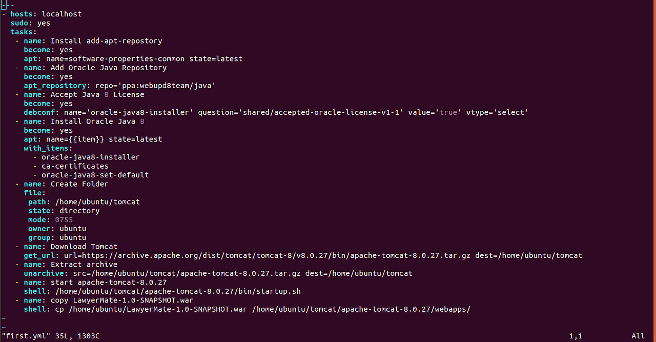 Ansible playbook to install tomcat and run application on ubuntu 16.04
