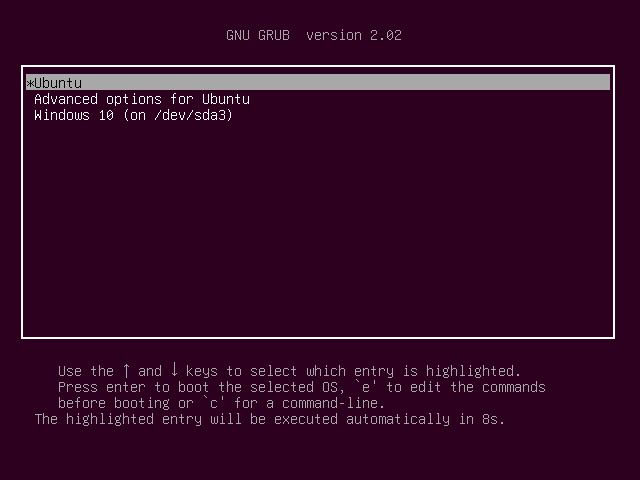 screenshot showing that the options for Ubuntu and Windows 10 have successfully appeared during loading