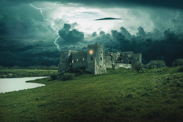 Castle against foreboding skies with lightening strike moat or lake, one light on in castle tower