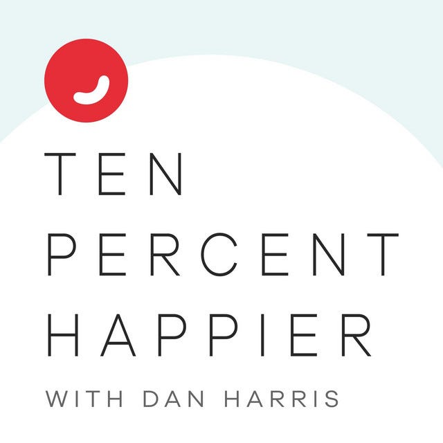 Podcast logo with Ten Percent Happier written and a red smile in top corner