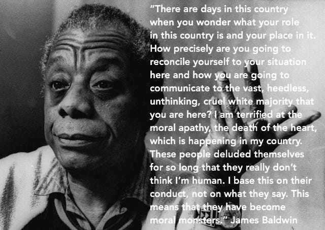A b&w photo of James Baldwin with a quote in white text.