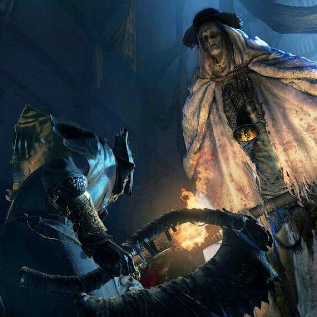 Bloodborne’s protagonist stares down a church giant.
