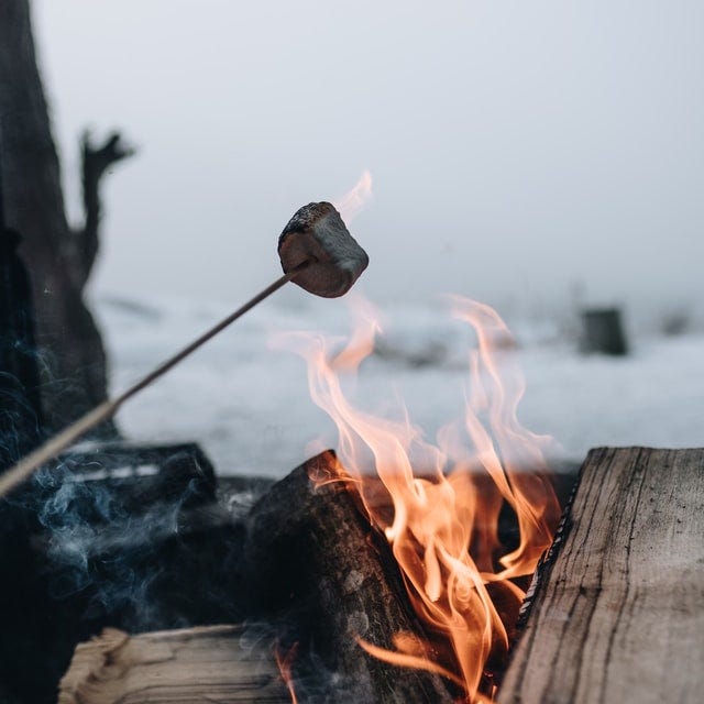 A burnt marshmallow being roasted over a campfire.