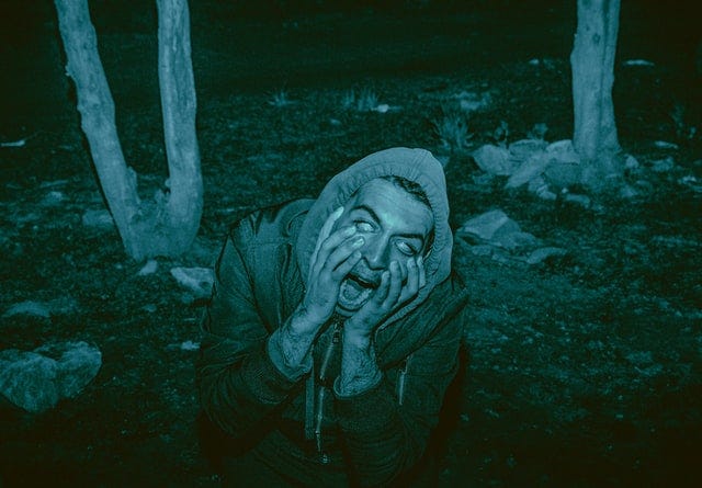 a person screaming in the dark woods