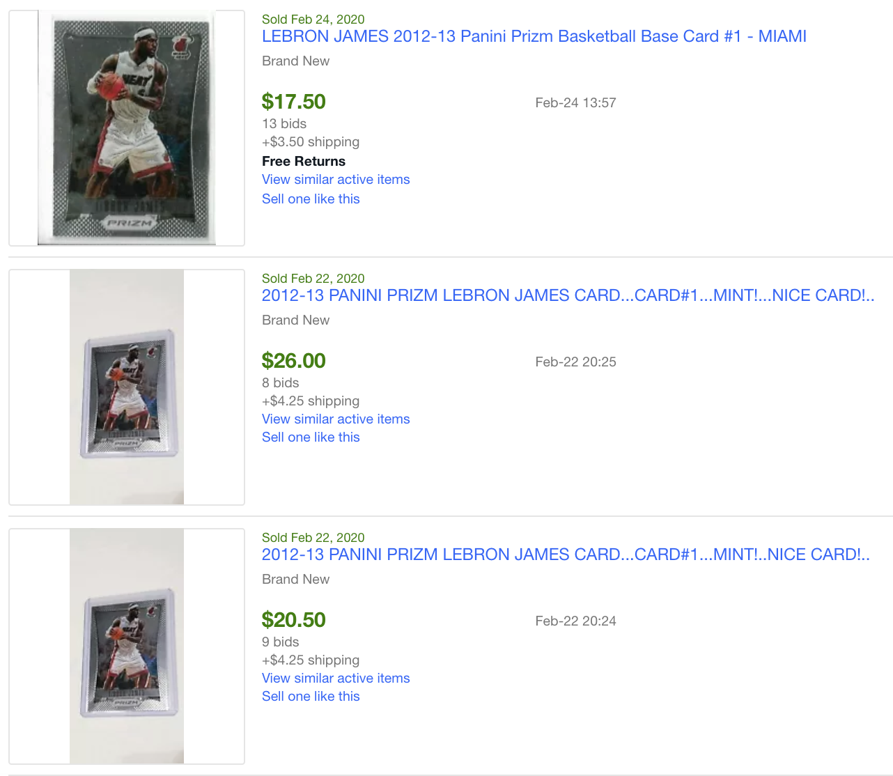 Image of eBay sold Lebron James cards.