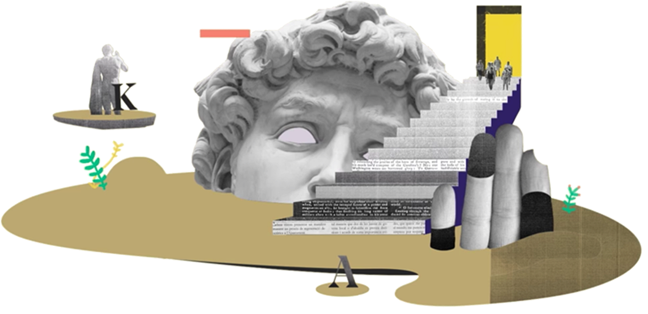 abstract image including broken roman human figure statues, a stairway with writing on each step leading up to an open door with a crowd of people near the top.