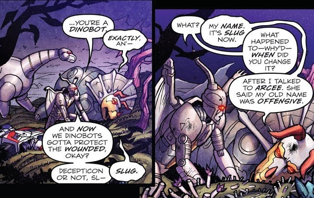 Comic panel in which a Transformer explains that his name is now “Slug” because he was told “Slag” was offensive.