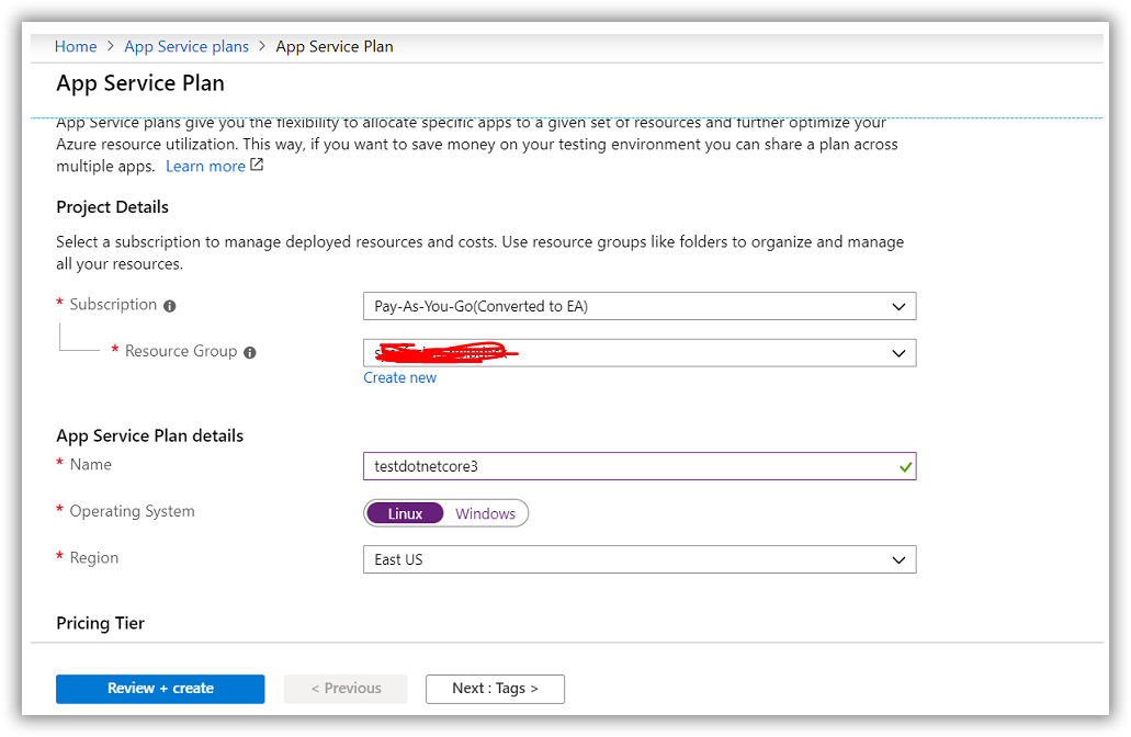 Creating a new app service plan