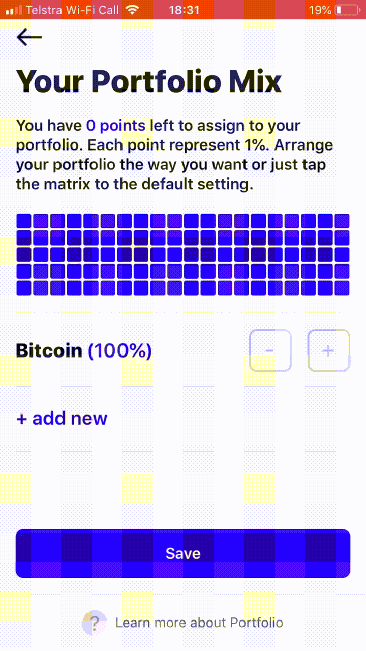 Bamboo AppâââAnimation of changing portfolio composition from Bitcoin to a mix of 50% Bitcoin and 50% Gold